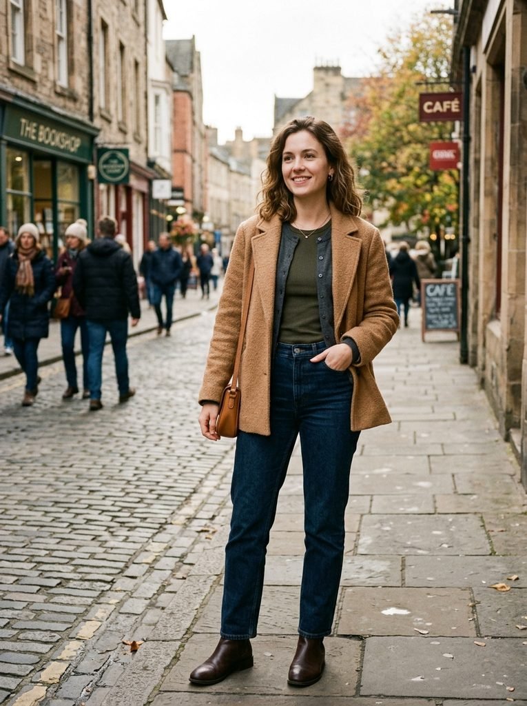 Person wearing slim layered pieces including a fitted top, cardigan, and open cropped coat