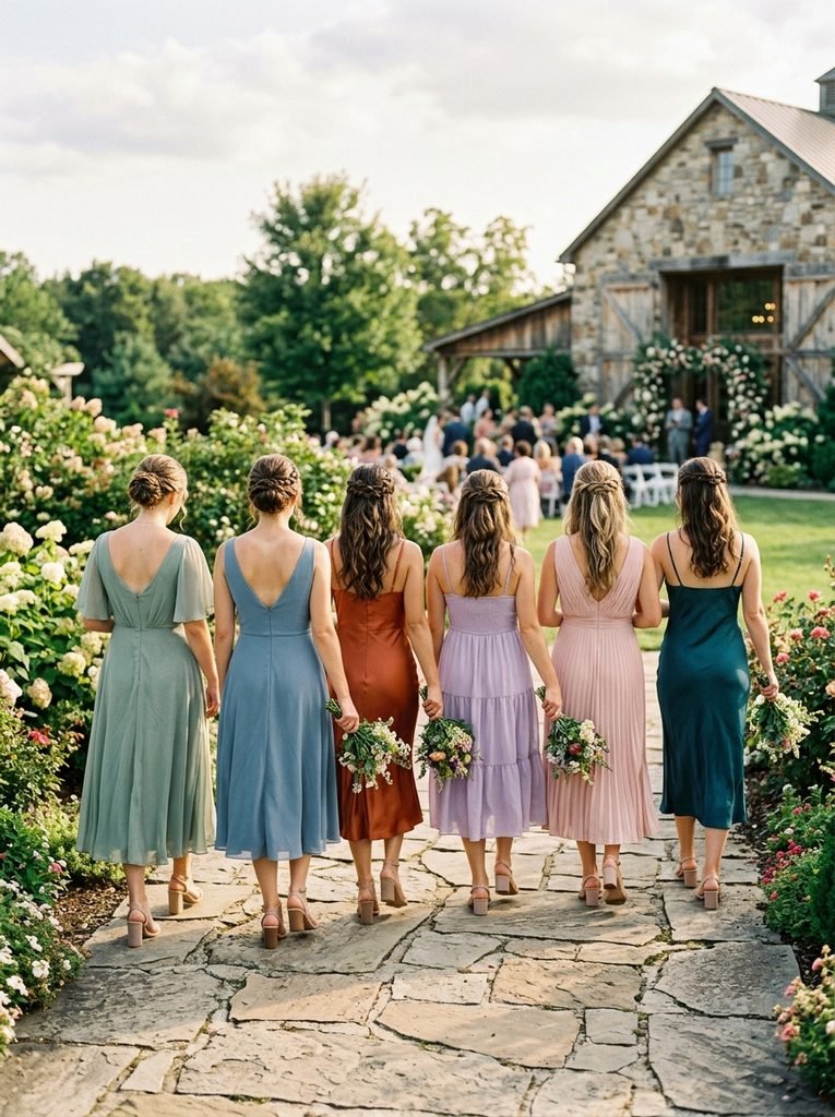 A row of bridesmaids in matching midi-length hemlines but different dress styles and colors