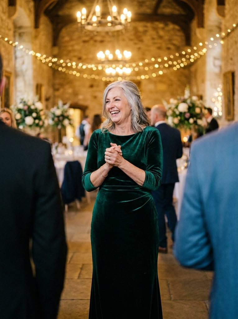 Mother of the bride wearing a fitted emerald green floor-length dress with defined waist