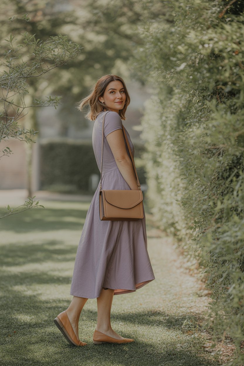 A dusty lilac Easter dress paired with neutral camel accessories for a grown-up pastel look