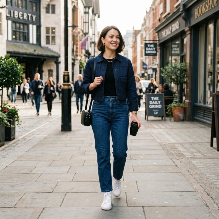 Petite woman wearing high-rise jeans, a tucked top, and a cropped jacket that elongates her silhouette