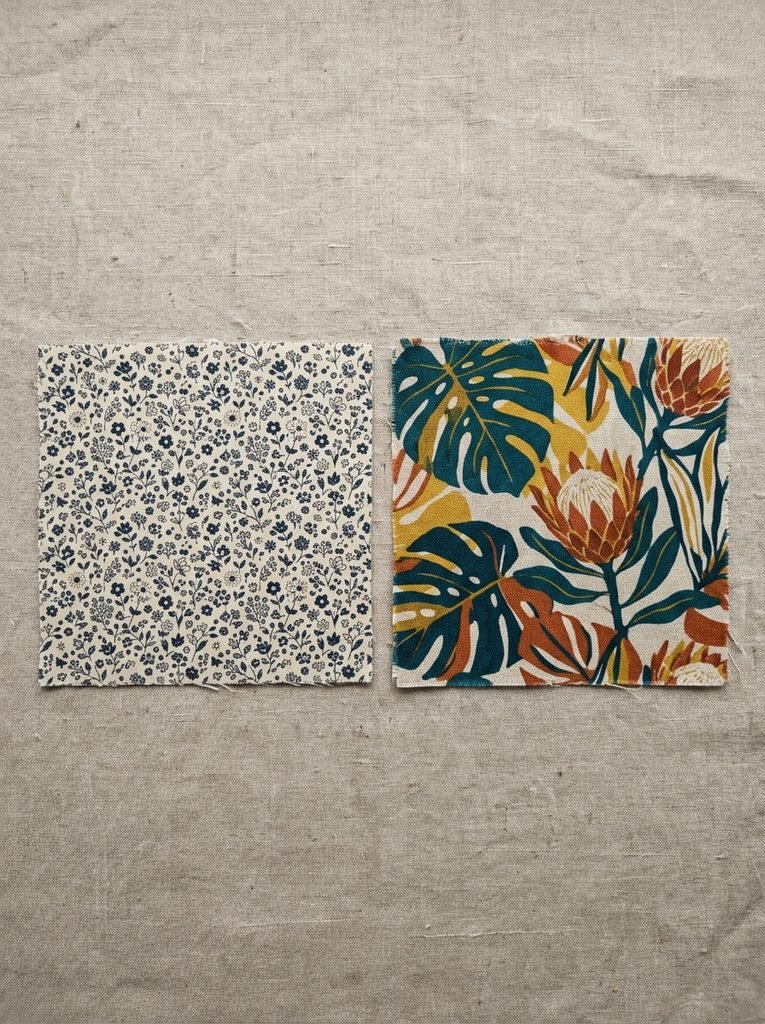 Small-scale and large-scale fabric print swatches shown side by side
