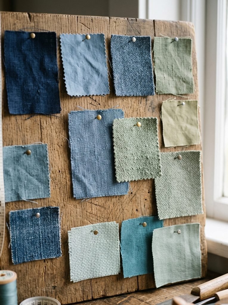Fabric swatches in different shades of blue and sage used to plan a bridesmaid color palette