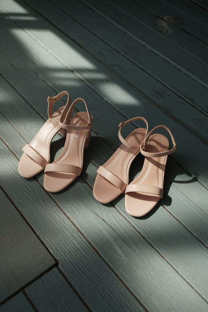 Block-heeled sandals and simple flats shown as practical shoe options for Easter Sunday