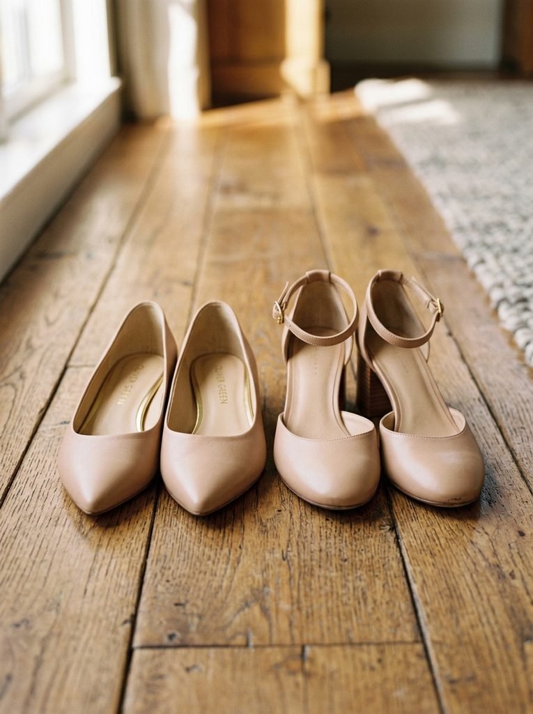Pointed-toe nude flats and a low block heel shown as leg-lengthening shoe choices