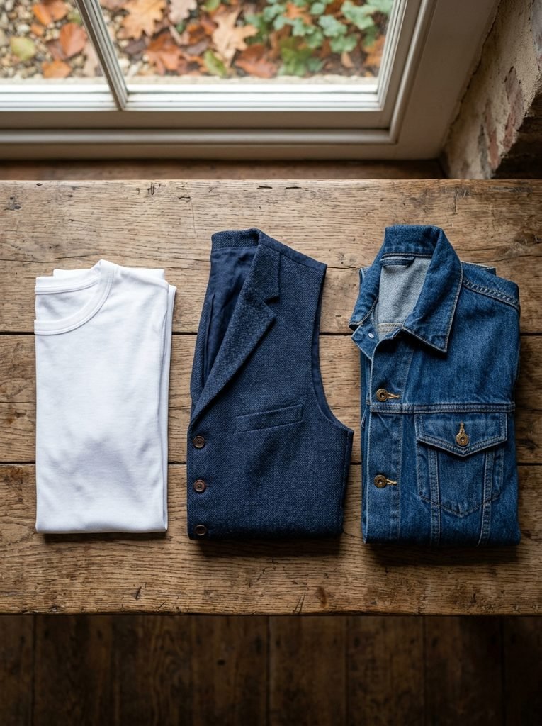 Folded fall layering pieces including a white tee, tailored vest, and denim jacket