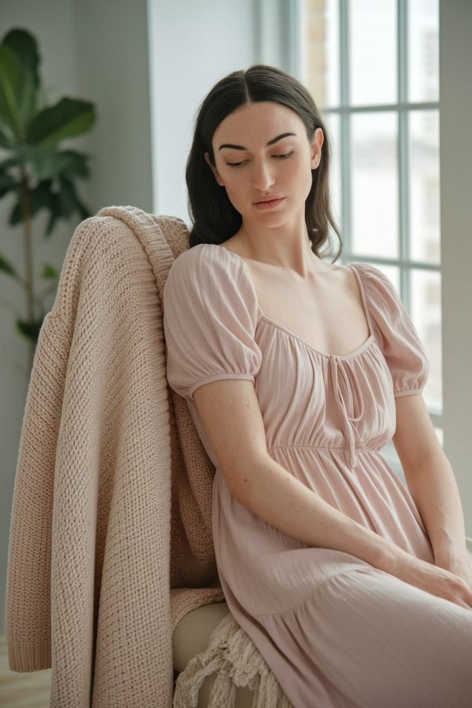 A neutral knit cardigan layered over a pastel Easter dress for church to brunch dressing