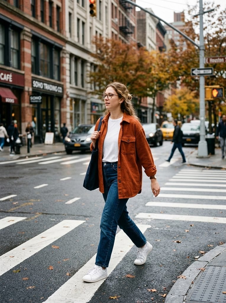 Person wearing a rust orange shacket over jeans and a t-shirt crossing a city street in fall
