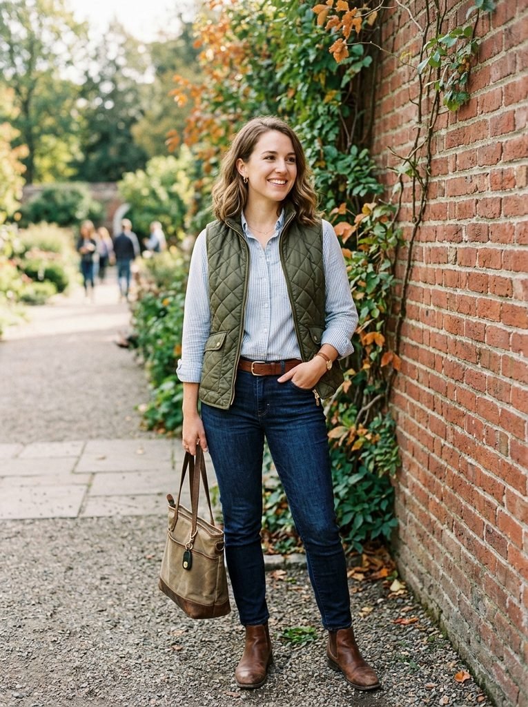 Quilted olive green vest layered over a button-down shirt and dark denim outdoors