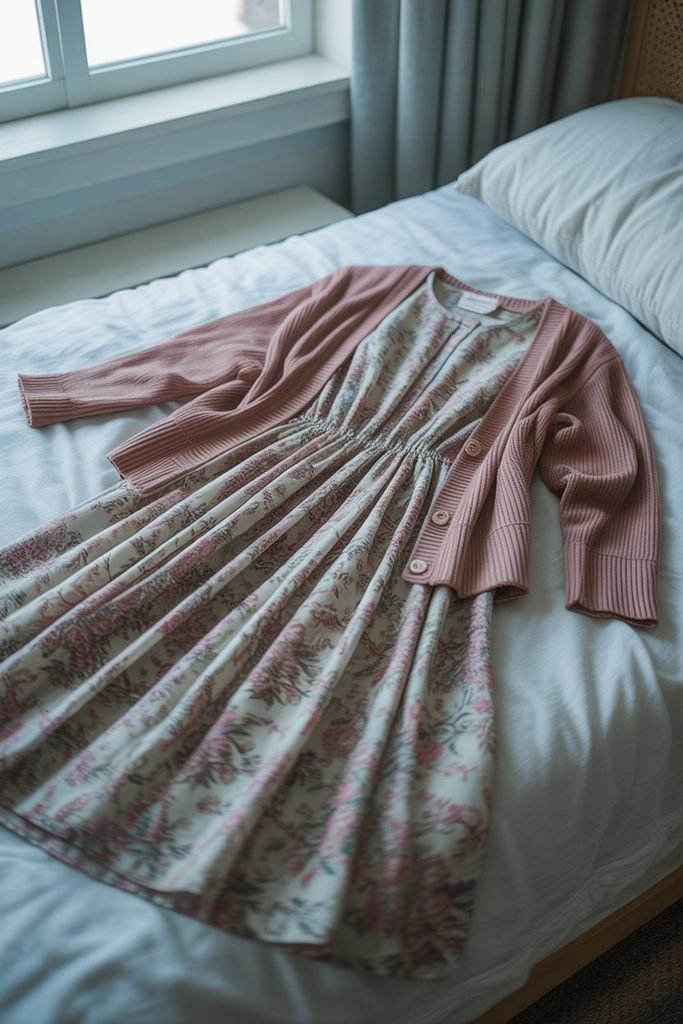 A modest floral dress and cardigan laid out as a church-appropriate Easter outfit