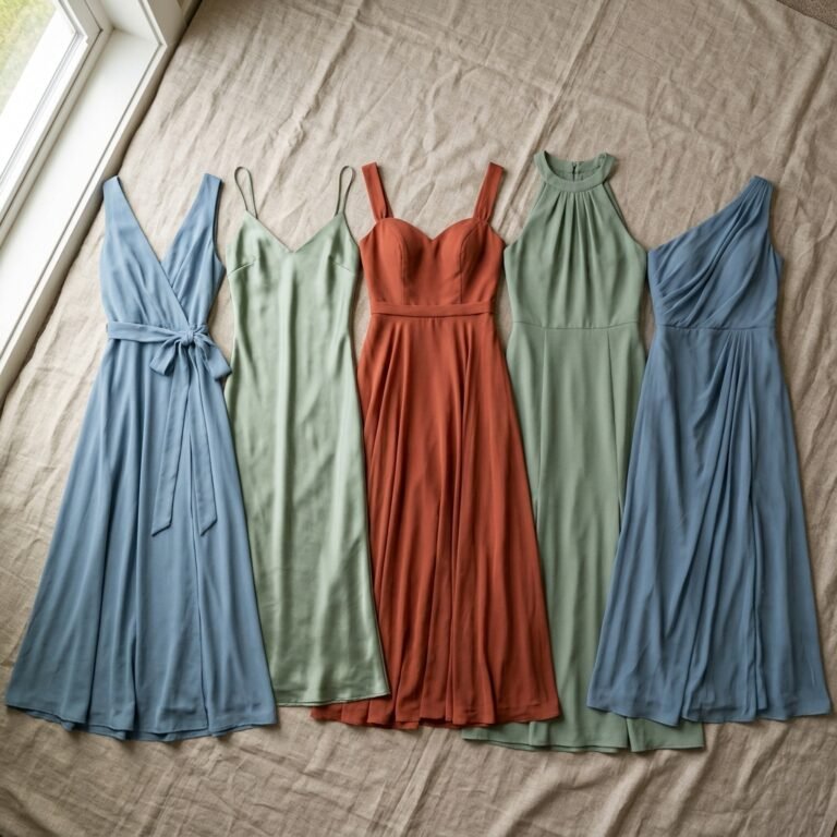 Five mismatched bridesmaid dresses in coordinating dusty blue, sage, and terracotta tones laid out together