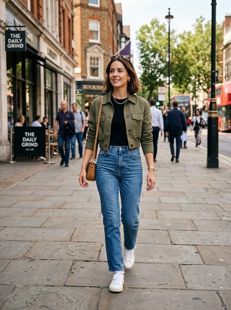 Petite woman wearing high-rise jeans, a tucked top, and a cropped jacket that elongates her silhouette