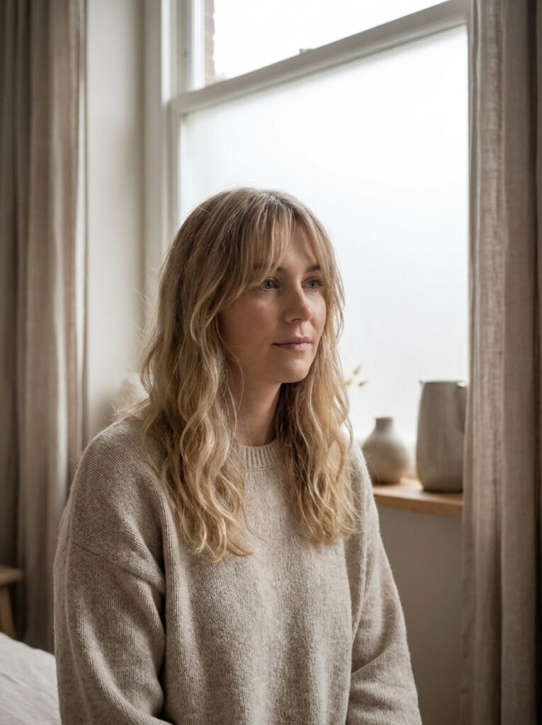 A woman with soft curtain bangs and loose waves standing in natural window light, photorealistic beauty photography, soft neutral tones