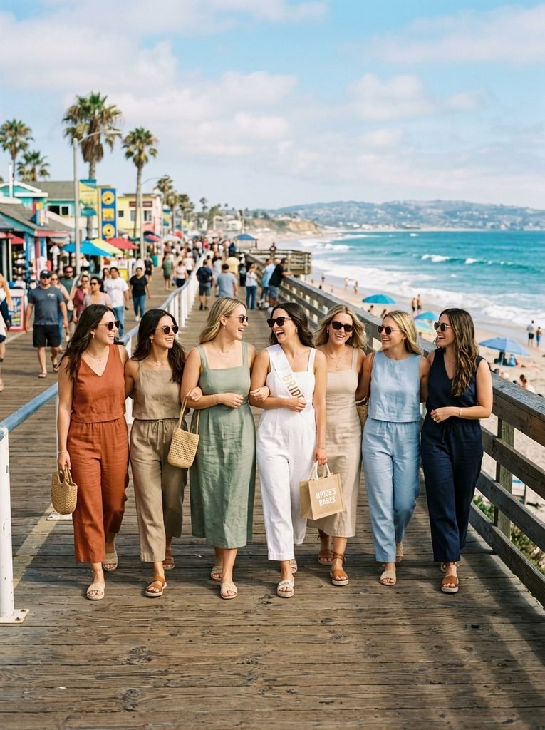 Group of women in coordinating linen outfits walking along a sunny coastal boardwalk during a bachelorette weekend