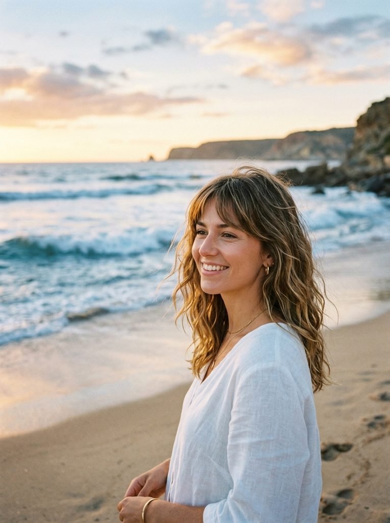 Beach waves with softly side-swept bangs