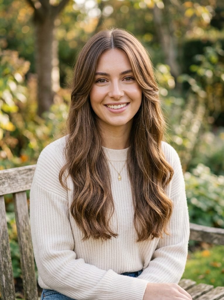 Center-parted long hair with soft face-framing layers