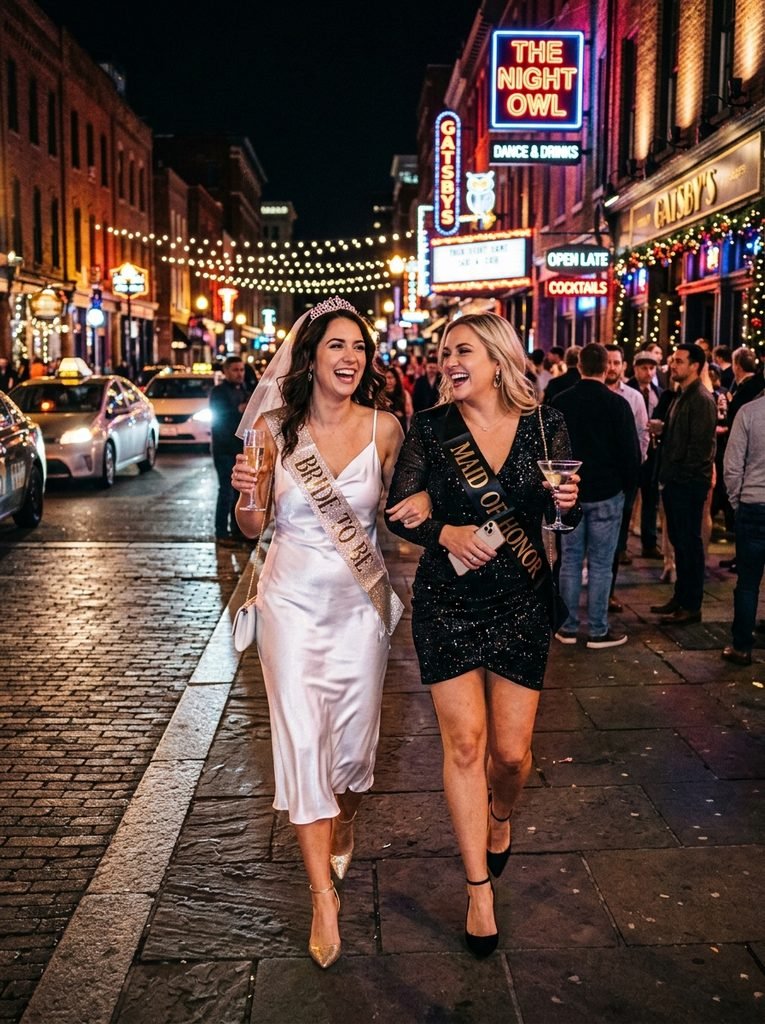 Two women in going-out dresses walking down a city street at night during a bachelorette weekend