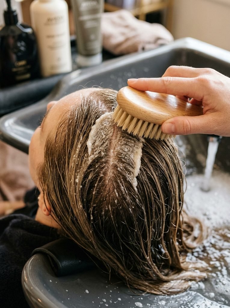 Close-up of a scalp scrub applied with a soft brush during a hair wash