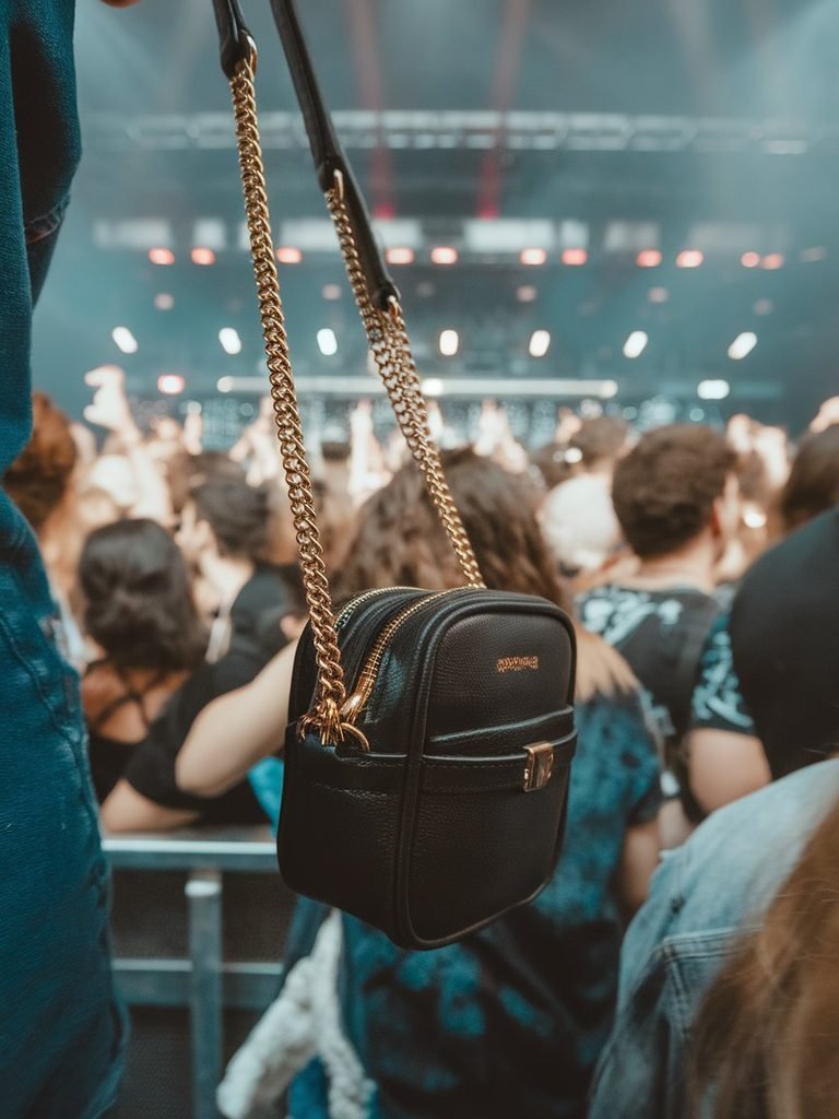 Close-up of a small crossbody bag worn at a crowded concert