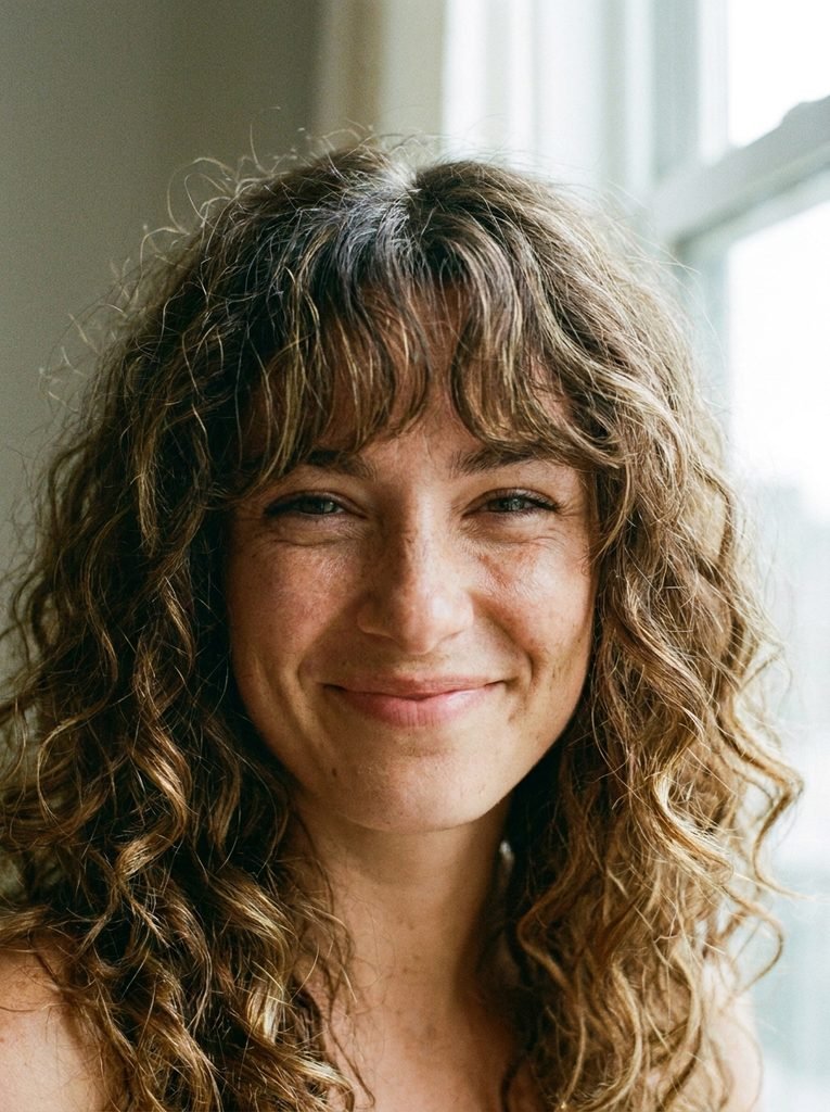 Close-up of a woman with curly hair and curtain bangs framing her face