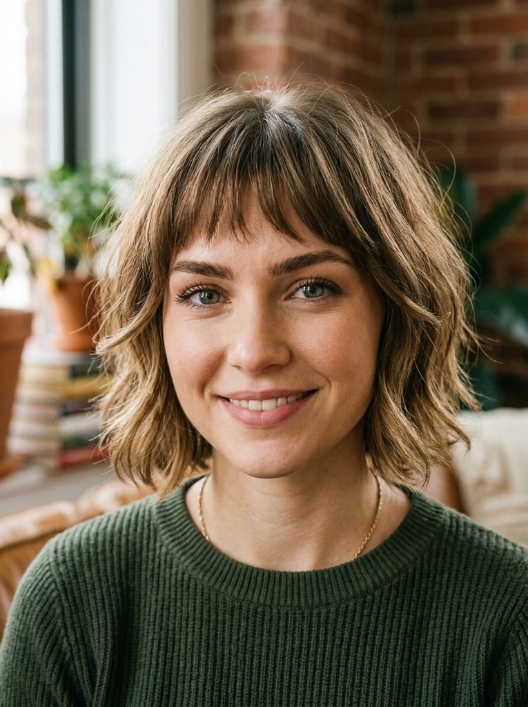 Close-up of bottleneck bangs shaped short in the center and longer toward the cheekbones