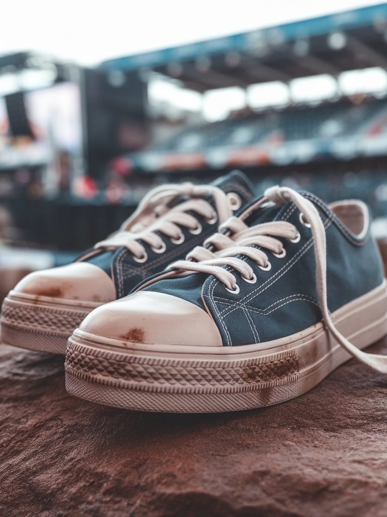 Close-up of broken-in platform sneakers worn to a concert