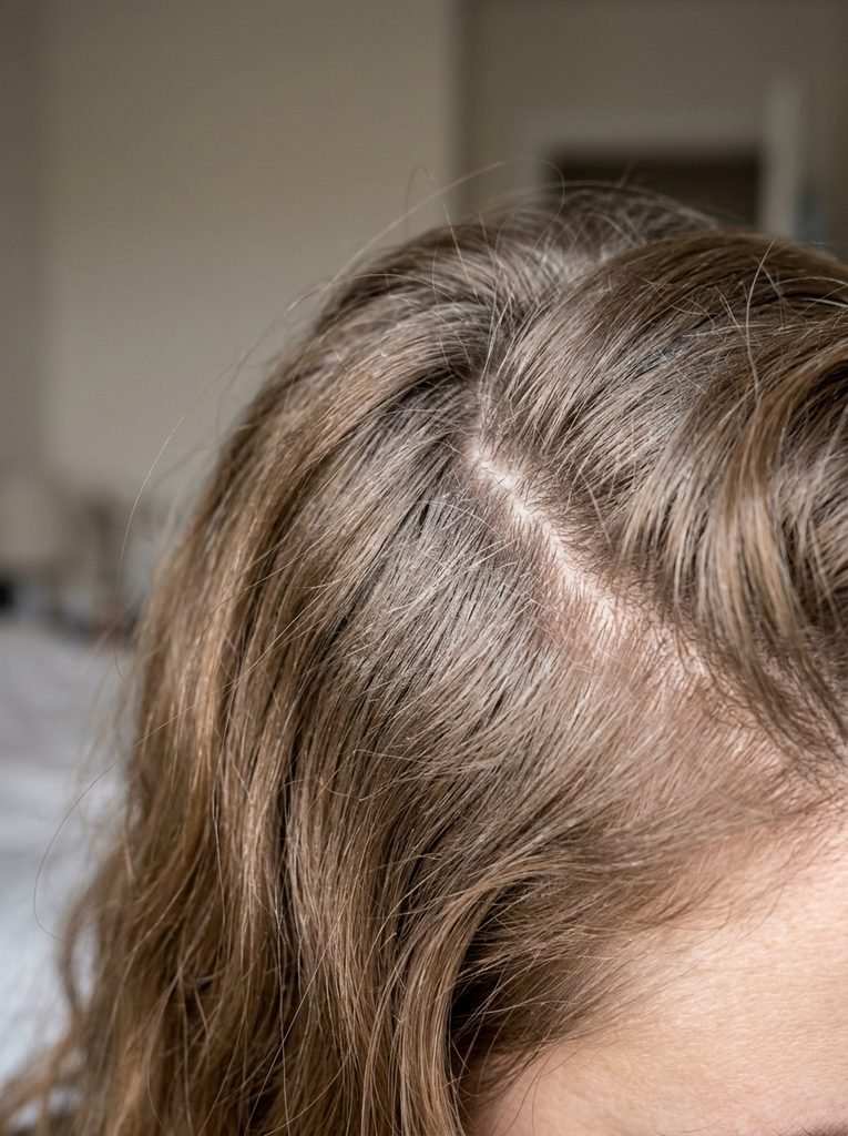 Close-up of dry shampoo applied to roots the night before styling
