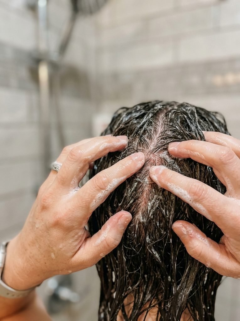 Close-up of fingertips massaging shampoo into the scalp during a wash