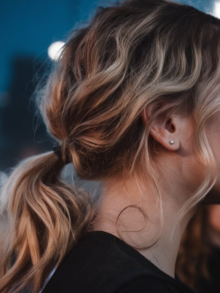 Close-up of loose beach waves and simple stud earrings at an evening concert