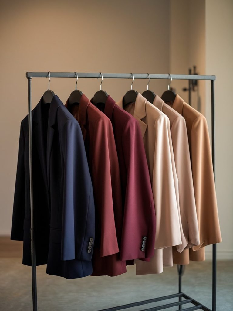Close-up of navy, burgundy, and camel interview-appropriate blazers and blouses on a rack
