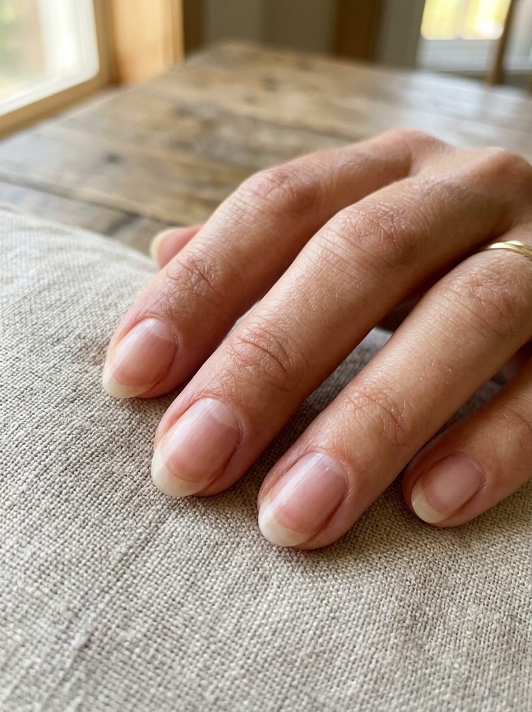 Close-up of oval-shaped nails on a wider nail bed