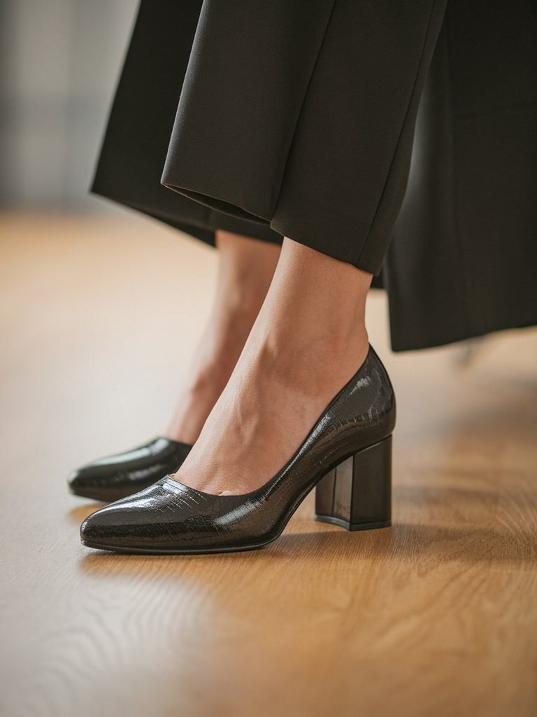 Close-up of polished low block heels for a job interview outfit
