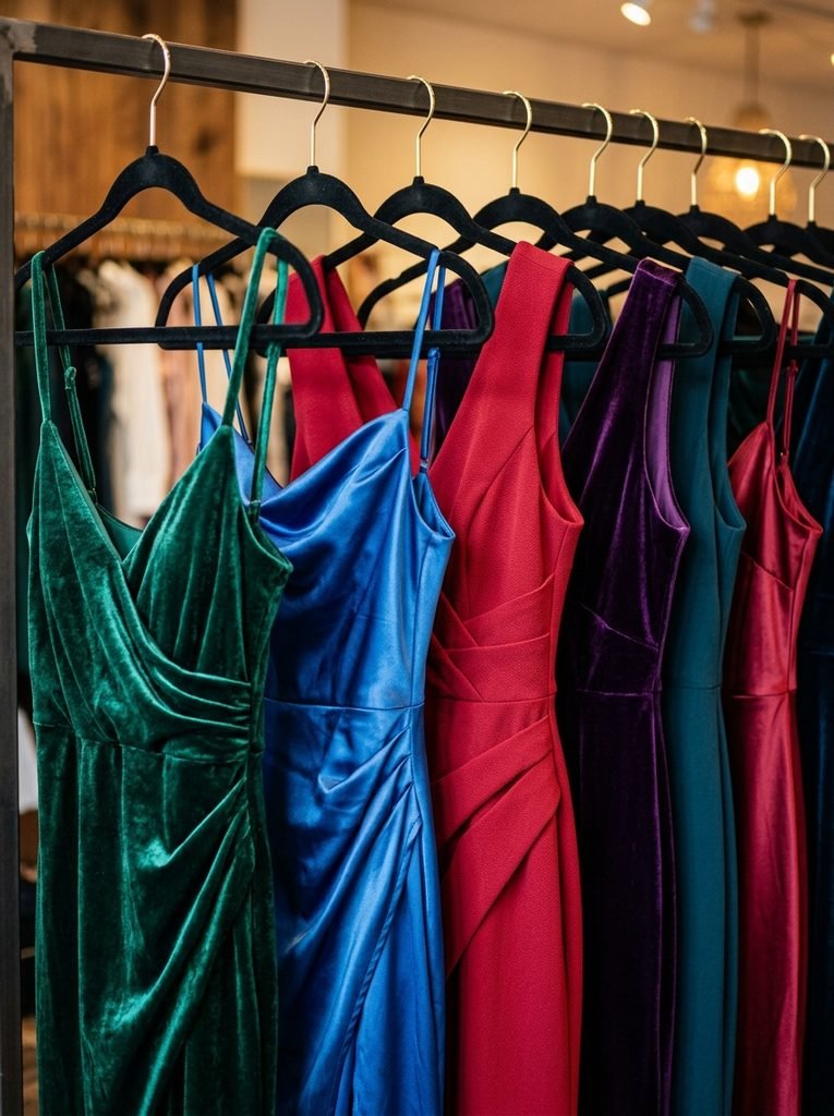 Close-up of velvet, satin, and crepe cocktail dresses in jewel tones on a rack