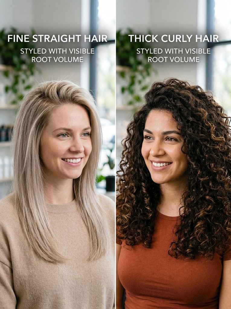 Comparison of fine straight hair and thick curly hair styled with visible root volume