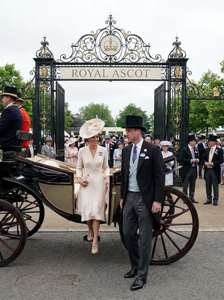 Couple dressed in formal Royal Ascot attire arriving at the racecourse gates