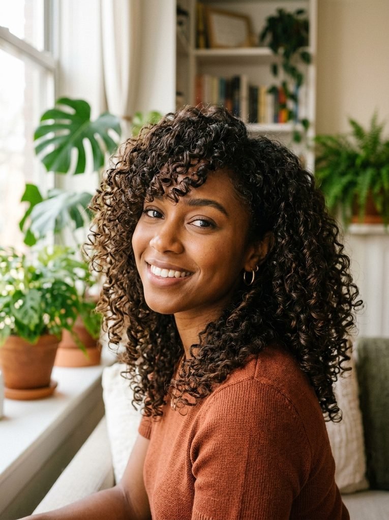 Curly hair styled with a side-swept fringe