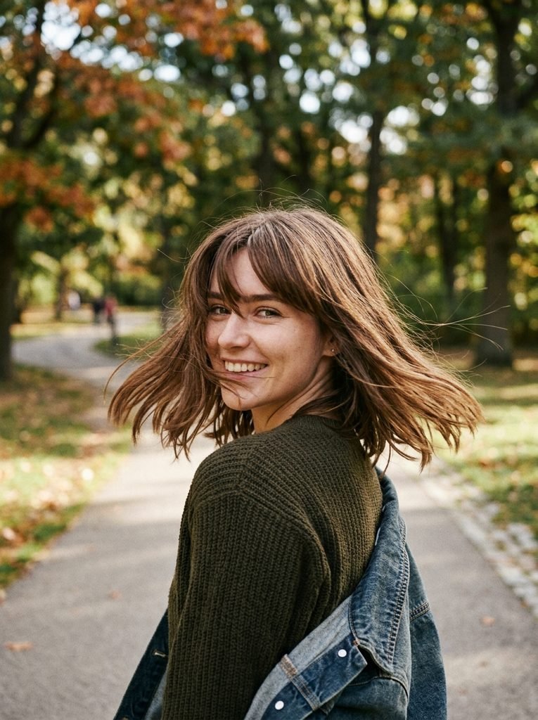 Curtain bangs swinging outward as a woman turns her head outdoors