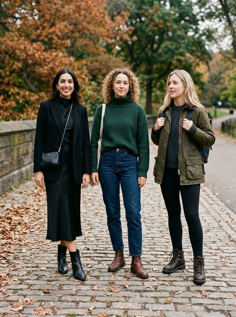 Three different Halloween outfit options laid out for a bar night, a house party, and trick-or-treating