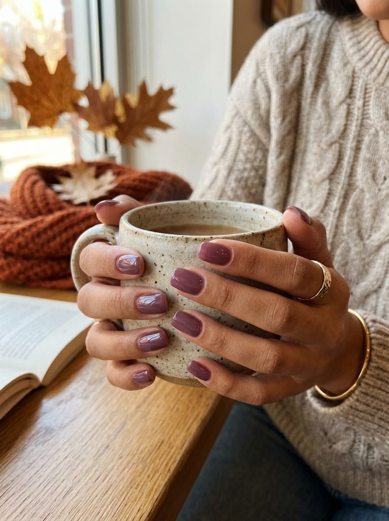 Dusty plum jelly manicure as a fall nail color alternative to burgundy