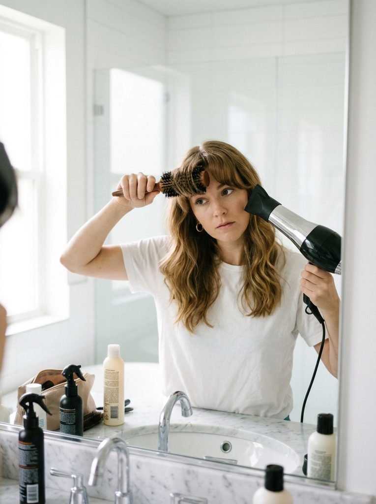 Woman styling bottleneck bangs with a round brush and blow dryer in a bright bathroom