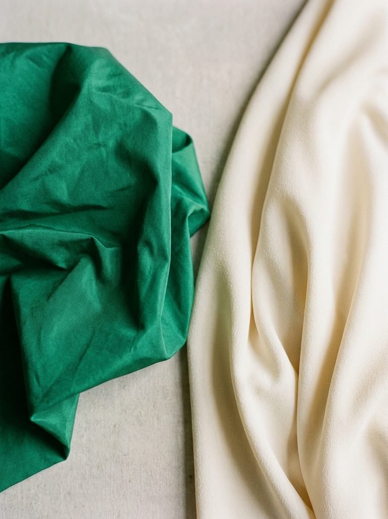 Stiff taffeta fabric compared to fluid draped crepe fabric side by side