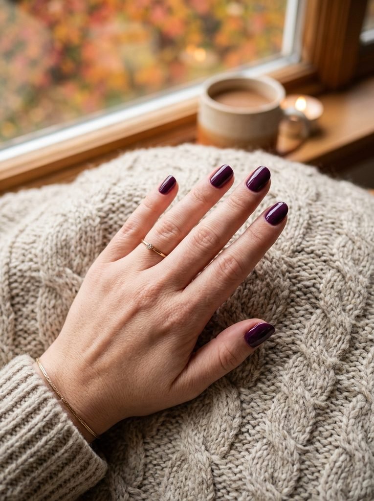 Fall nail colors featuring a deep plum manicure on a wool sweater