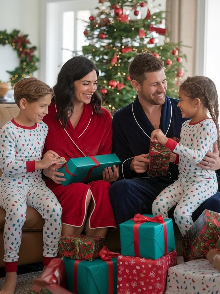 Family in coordinated loungewear opening gifts on Christmas morning