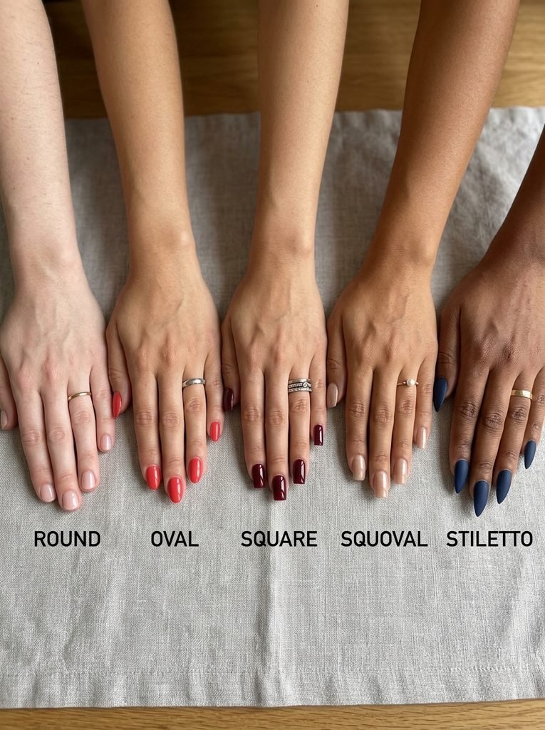 Five hands showing different nail shapes side by side for comparison