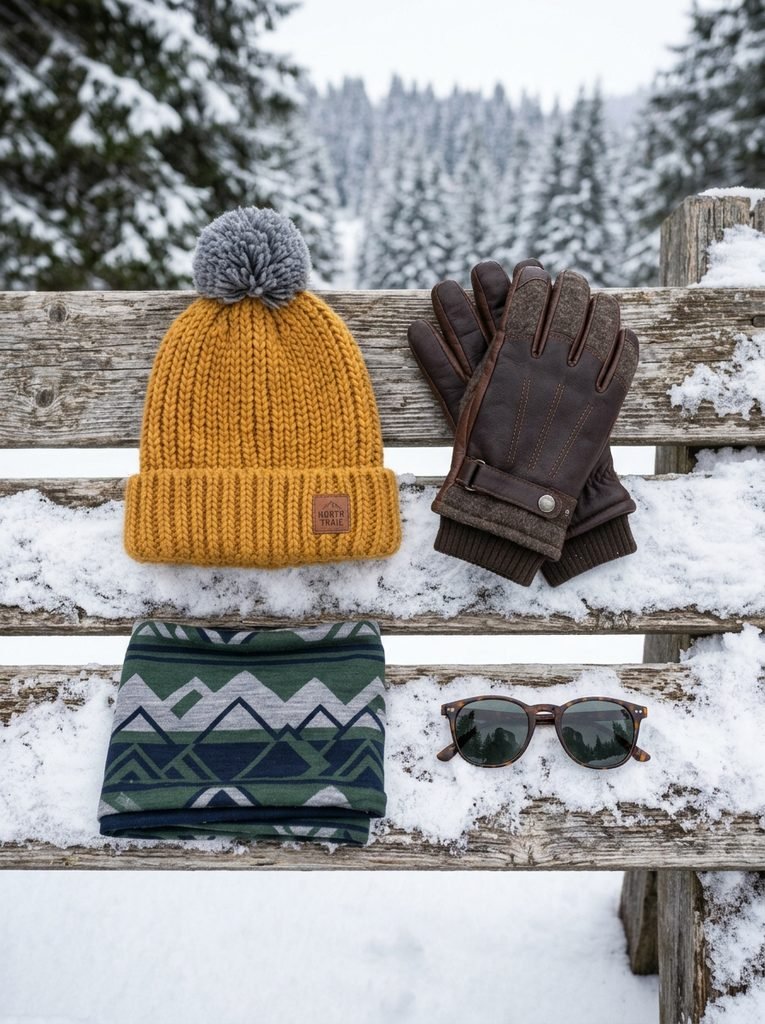 Flat lay of a beanie, gloves, buff, and sunglasses on a snowy wooden bench
