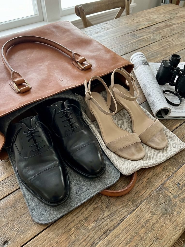 Formal dress shoes and comfortable block heels packed for a day of racing
