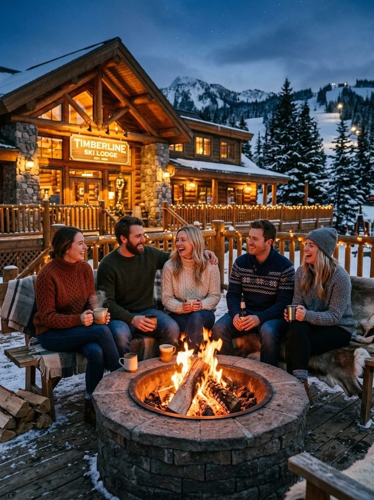 Friends in knit sweaters gathered around a fire pit at a ski lodge in the evening