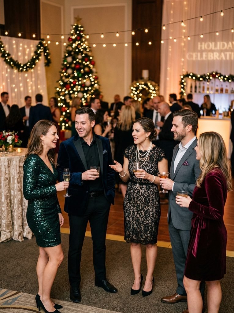 Group of professionals in cocktail attire mingling at a corporate holiday party