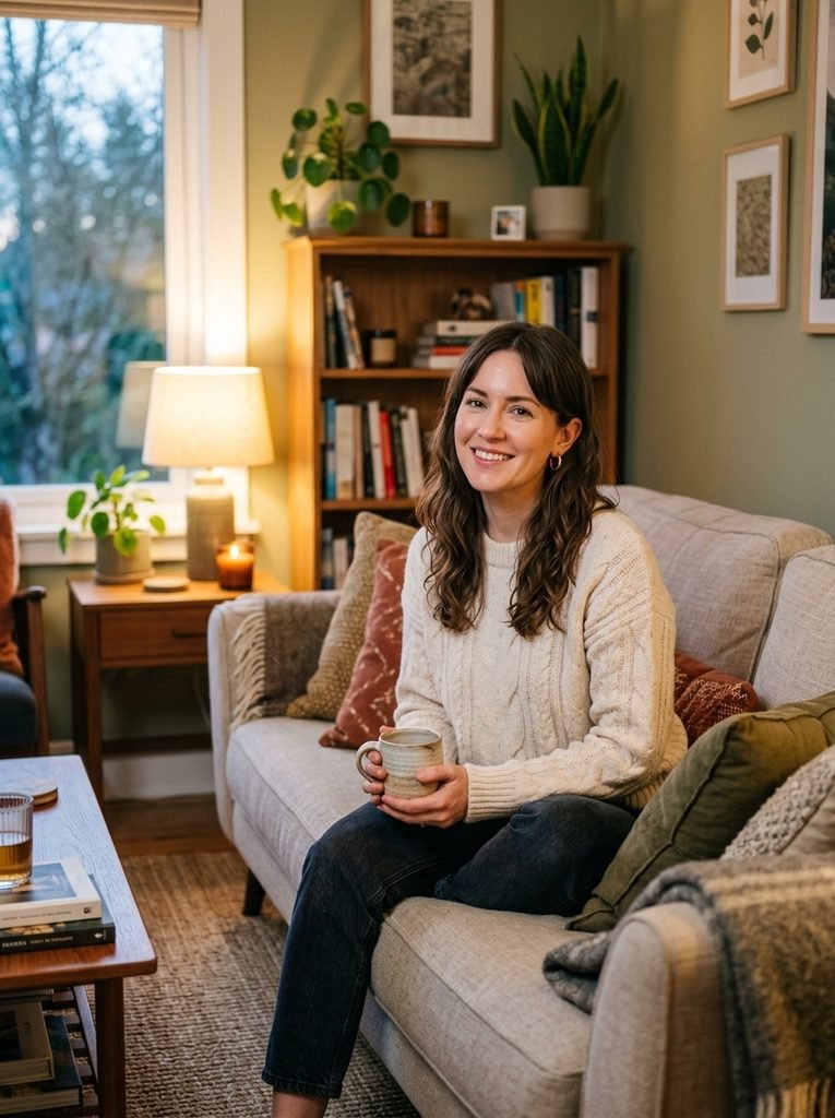 Woman with grown-out bottleneck bangs tucked behind her ear in a cozy living room