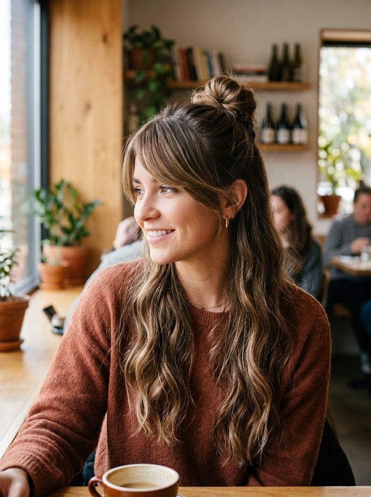 Half-up hairstyle with long side-swept bangs